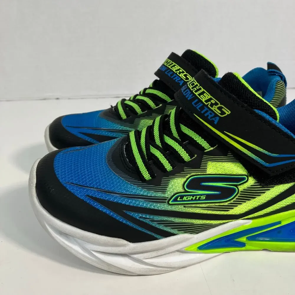 Skechers Little Boys 12 S Lights Flex-Glow Ultra Sneakers Black Lime Green Blue